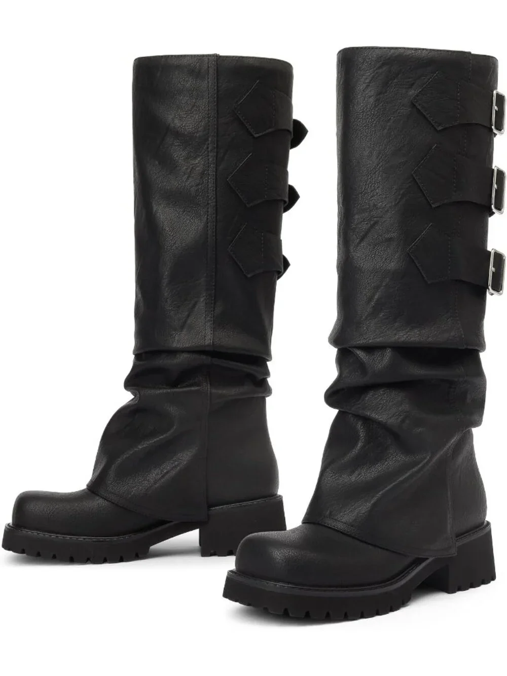 Women's Black Block Heeled Square Toe Fold Over Knee High Moto Riding Boots